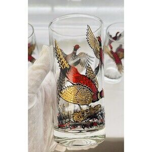 VTG Hazel Atlas Glasses Lot of 3 – 22K Gold Leaf & Enamel Pheasant Design – 1950